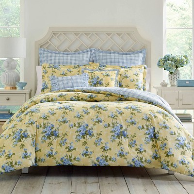 Laura Ashley 7pc Full/Queen Cassidy 100% Cotton Duvet Cover Bonus Set Yellow