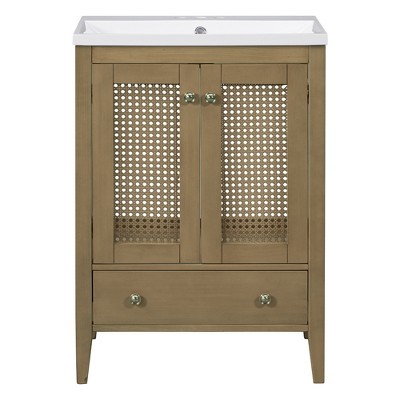 Vynxaria 24" Bathroom Vanities with Ceramic Basin Rattan Storage Cabinet Natural Wood Vanity