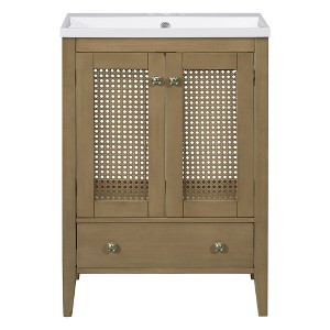 Vynxaria 24" Bathroom Vanities with Ceramic Basin Rattan Storage Cabinet Natural Wood Vanity - 1 of 4