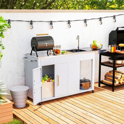 White Stainless Steel Outdoor Grill Table with Sink and Storage