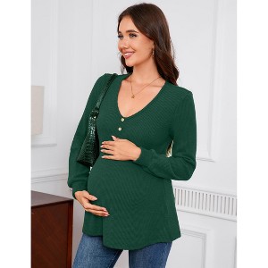 Maternity V-Neck Ribbed Top Casual Long Sleeve Pregnancy Blouse Decorative Button Front Shirt - 1 of 4