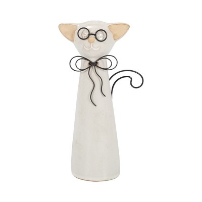 Sagebrook Home Cat with Glasses Sculpture - Contemporary Ceramic White Cat Statue with Black and Beige Accents for Home