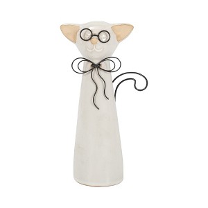 Sagebrook Home Cat with Glasses Sculpture - Contemporary Ceramic White Cat Statue with Black and Beige Accents for Home - 1 of 4
