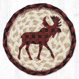 Earth Rugs Round Red Plaid Moose Coaster – 7" Braided Jute Mat with Rustic Cabin Design, Large Size for Mugs or Small Dishes - 1 of 3