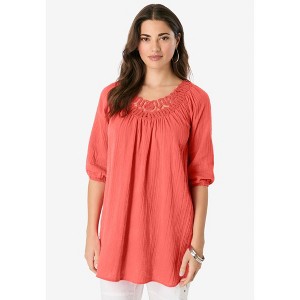 Roaman's Lace Trim Popover Blouse - 1 of 4