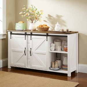 Mshliw 55.1" Farmhouse Sideboard with Sliding Barn Doors and 4 Drawers, Buffet Storage Cabinet with Power Outlet, Modern Rustic Console Table - 1 of 4