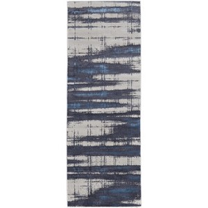 HomeRoots 8' Ivory Blue And Gray Abstract Power Loom Distressed Runner Rug - 1 of 3