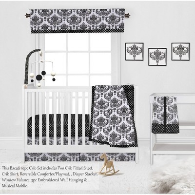Bacati - Classic Damask Black/Grey/White 10 pc Crib Bedding Set with 2 Crib Fitted Sheets