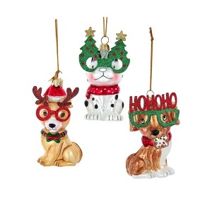 Kurt Adler Noble Gems Glass Ornaments for Christmas Tree, Dogs in Christmas Glasses, Assorted (Pack of 3) - 1 of 2