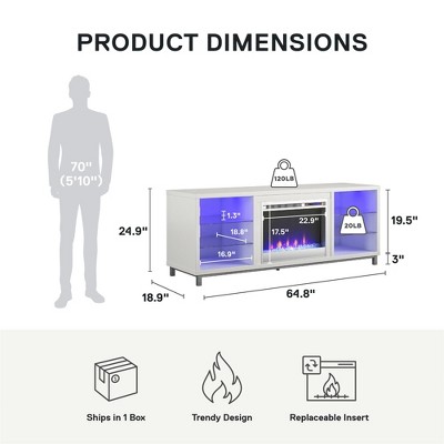 White Modern Fireplace TV Stand with LED Shelves for 70" TVs