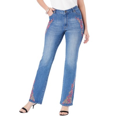 Roaman's Women's Plus Size Invisible Stretch Two-Tone Embroidered Bootcut Jeans