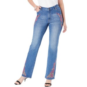 Roaman's Women's Plus Size Invisible Stretch Two-Tone Embroidered Bootcut Jeans - 1 of 4