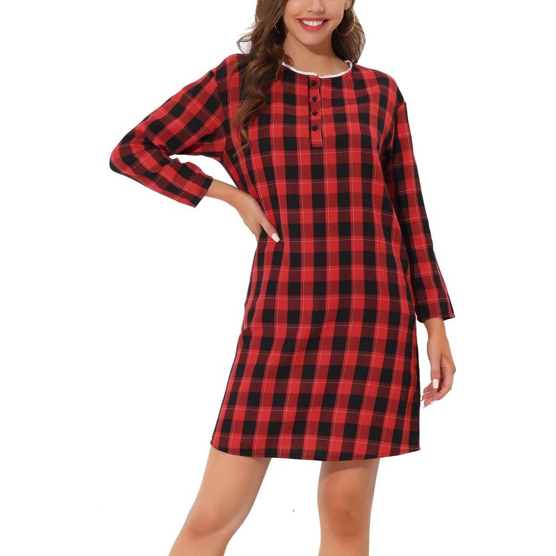 cheibear Womens Nightgown Sleepshirt with Pockets Lounge Sleepwear Plaid Pajama Dress, 2 of 6