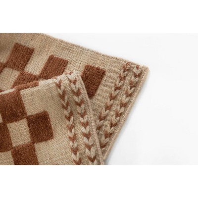Brown and Beige Wool Checkered Handwoven Runner Rug