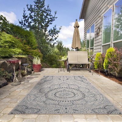 Cream and Blue Medallion Flat Woven Indoor/Outdoor Rug