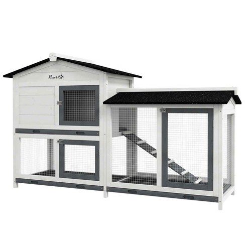 PawHut 2 Levels Wooden Grey Rabbit Hutch with Run Space, Removable Tray,  Ramp and Waterproof Roof D51-122CG - The Home Depot