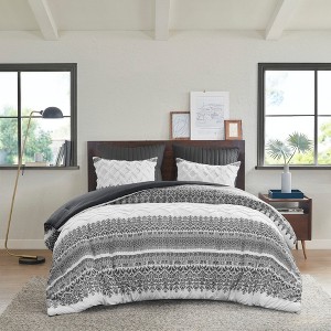 3Pcs Boho Style Cotton Duvet Set, Botanic Print Tufted Chevron Chenille Bedding, Farmhouse Bed Set with Matching Shams - 1 of 4