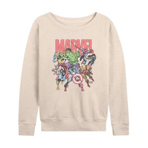 Women's - Marvel - Marvel Group Faded Lightweight French Terry Wide Neck Long Sleeve Graphic Shirt - 1 of 4