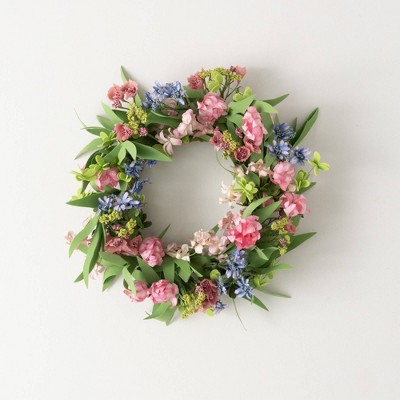 Sullivans Artificial Mixed Spring Florals Mini Wreath 15"H; Pink