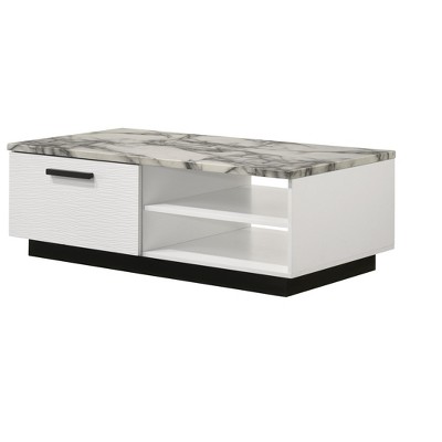 Vynxaria Modern Coffee Table - 47", White (Faux Marble Top), 1 Drawer + Open Shelves, Black Contrasting Base