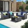 4-Piece Outdoor Patio Set PE Rattan Sectional Sofa with Tempered Glass Coffee Table & Cushions, Blue Wicker Furniture - 3 of 4