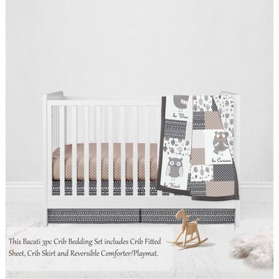 Bacati - Owls in the Woods Beige/Gray 3 pc Crib Bedding Set