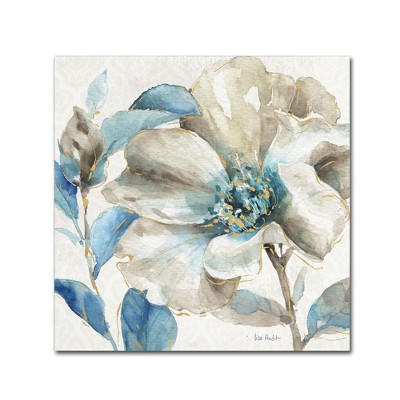 Large Blue and White Floral Canvas Print with Gold Accents