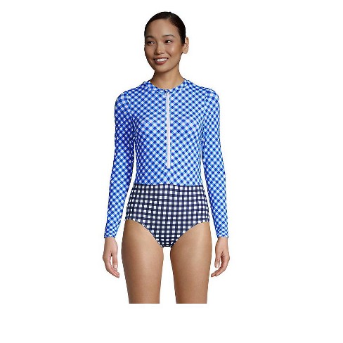 Lands End Draper James X Lands End Women S Chlorine Resistant Zip Long Sleeve Tugless One Piece Swimsuit 14 Deep Sea Navy Gingham Mix Target