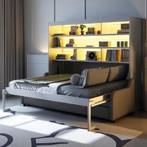 Merax Murphy Cabinet Bed with Folding Sofa, Built-in Storage Shelves and LED Light, Full - 1 of 4
