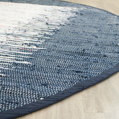 Ivory and Navy Round Handwoven Cotton Area Rug, 6' Diameter