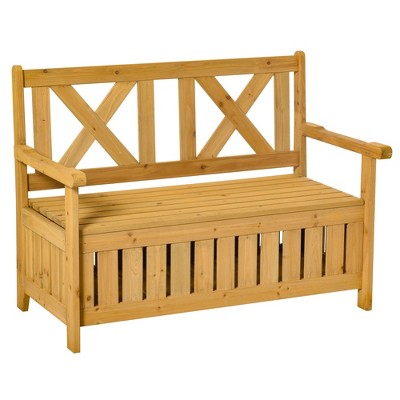 MOEPISY Patio Wooden Bench With Storage Box, Large Entryway Deck Box W/ Unique X-Shape Back