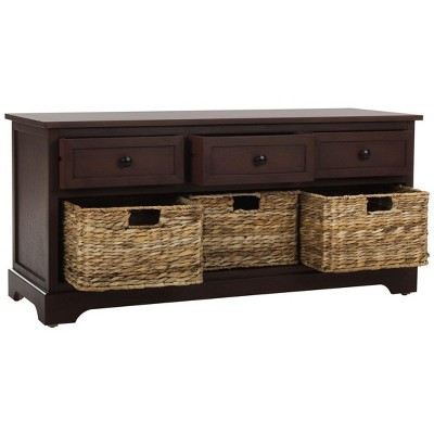 Transitional Red Pine Storage Bench with Wicker Baskets