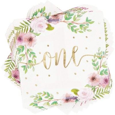 Blue Panda 50-Pack Floral Decorations for 1st First Birthday Floral Disposable Napkins Party Supplies