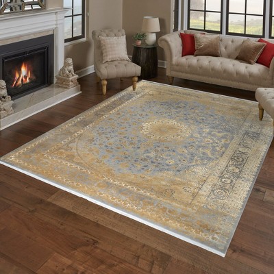 Gertmenian Florance Foggia Transitional Oriental Gold Gray High-Low Indoor Viscose Acrylic Area Rug with Fringe, 9x13