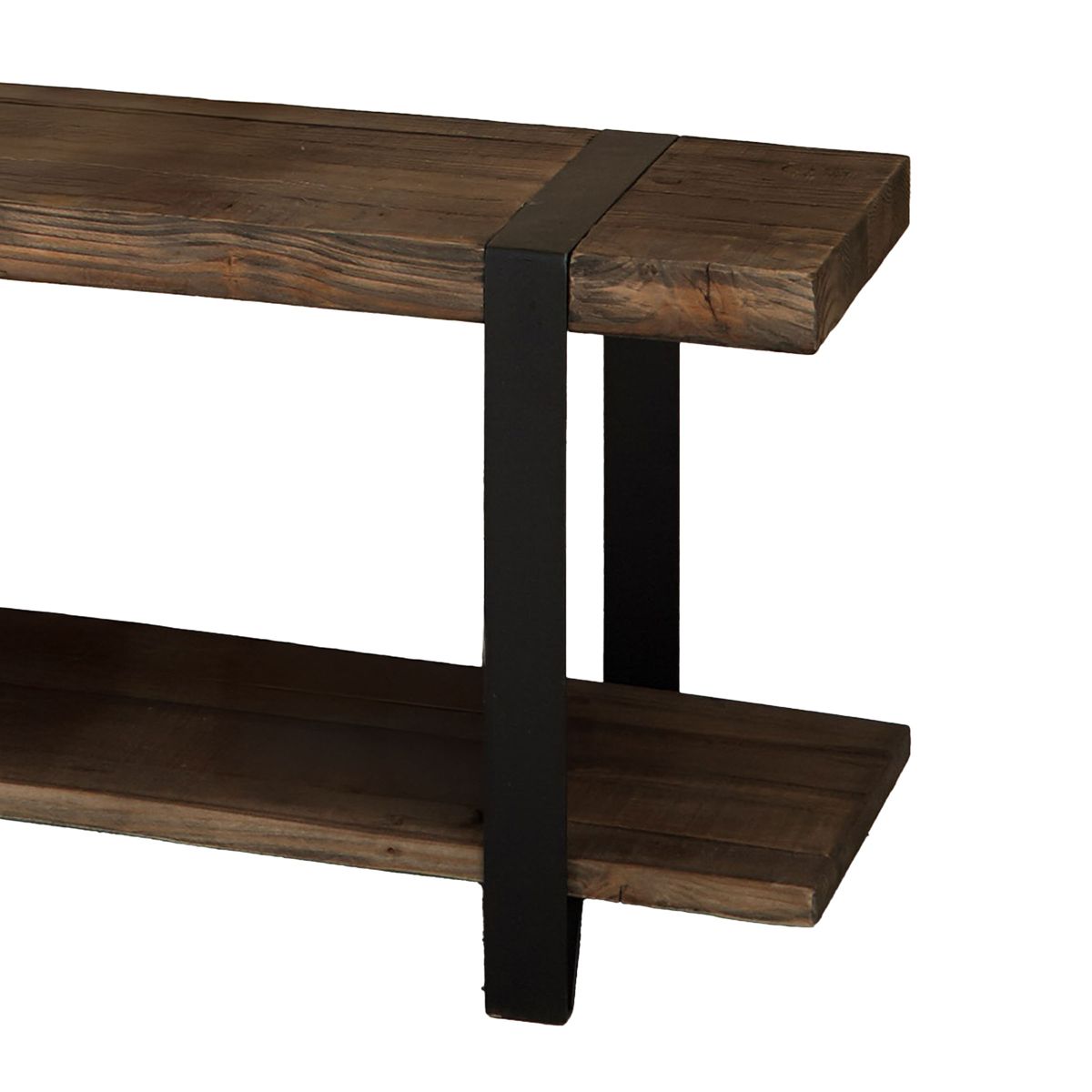 Alaterre Furniture Modesto 48 in. Solid Wood Entryway Bench with Storage Shelf, Rustic Natural Finish with Black Metal Legs and Strap Accent - thumbnail 6