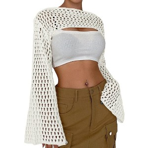 BLUEMING Women Boat Neck Knit Crop Sweater Drop Shoulder Bell Long Sleeve Hollow Out Pullover Top - 1 of 4