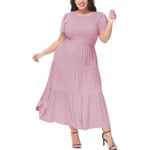 Anna-Kaci Women's Plus Size Casual Round Neck Flutter Short Sleeve Elastic Waist Smocked Maxi Dress - 1 of 4