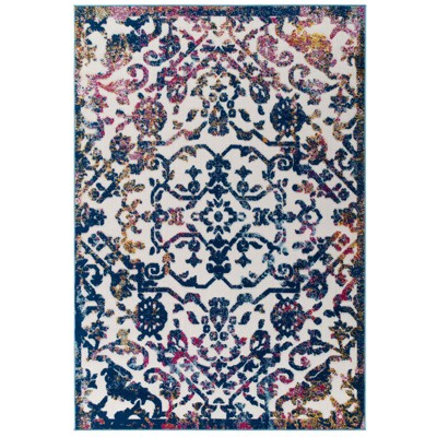 Modway Reflect Primrose Ornate Floral Lattice 8x10 Indoor/Outdoor Area Rug - Ivory,Dark Blue,Multicolored