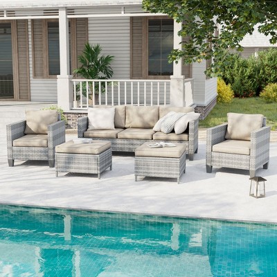 Sonkuki 5-Piece Patio Conversation Sofa Set Gray Rattan with Widen Armrest,
