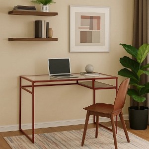 Royal Hampton Rectangular Glass Top Desk with Open Compartment and Sled Base, Red - 1 of 4