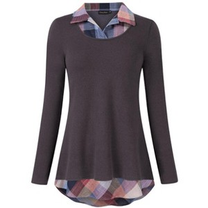 BLUEMING Womens Polo Shirts Color Block Faux Layering Shirts Plaid Shirts Teacher Shirts Everyday Tops - 1 of 4