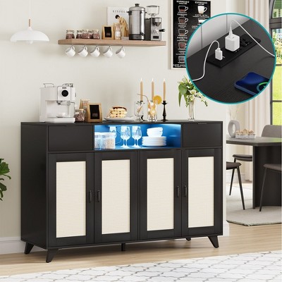 Sideboard Buffet Cabinet, 4 Rattan Doors 2 Drawers Accent Storage Cabinet, Console Table Coffee Bar w/Power Outlet & LED Light