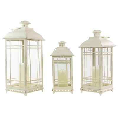Set of 3 Cream Metal Candle Lanterns with Brushed Gold Accents
