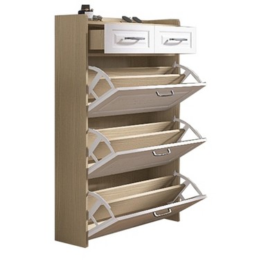 VYNXARIA Large Capacity Shoe Cabinet with 3 Doors and 2 Drawers in Elegant White + Oak Color Blend