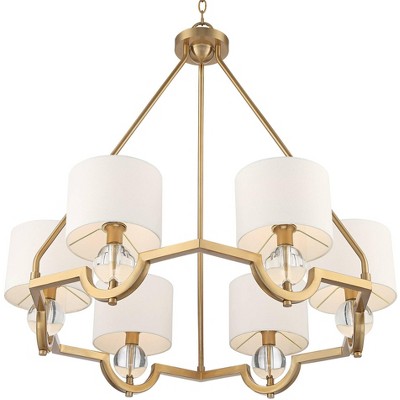 Warm Brass and Crystal 33" Chandelier with Off-White Drum Shades