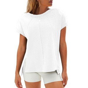 EXLURA Womens Summer Oversized Tops Short Sleeve Crewneck Waffle Shirts Casual Blouses - 1 of 4