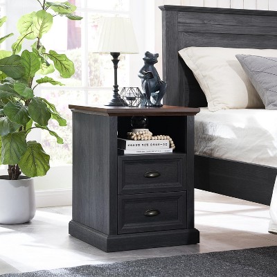 Nightstand with Charging Station & 2 Drawer, Farmhouse End Table for Bedroom, Living Room