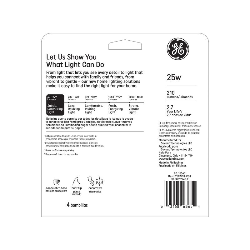 GE 4pk 25W CAC Long Life Incandescent Chandelier Light Bulb White, 4 of 6