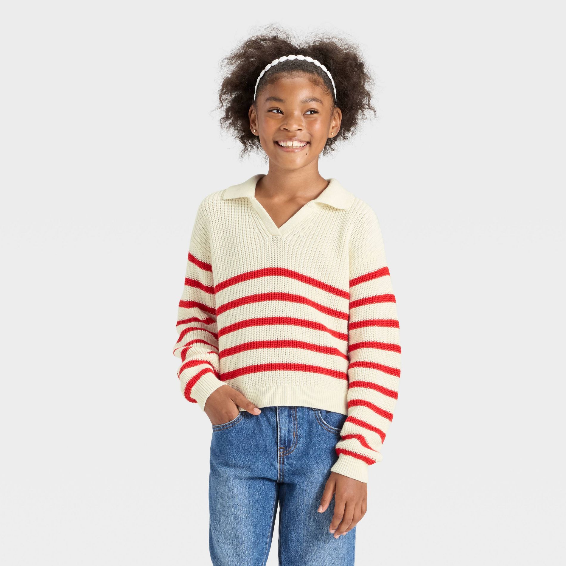 Girls' Striped Collar Sweater - Cat & Jack™ Red/Cream L