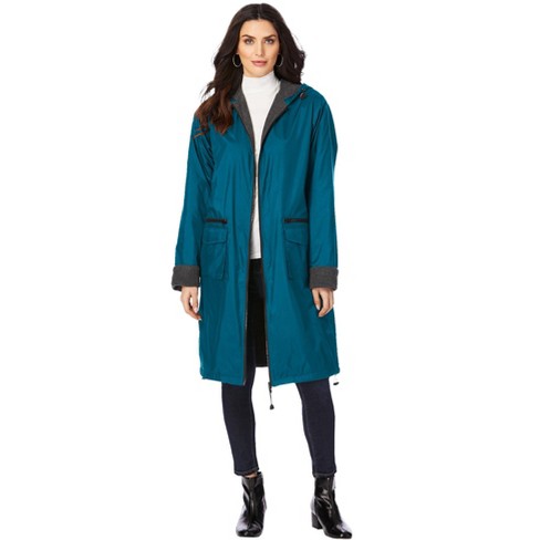 Roaman s Women s Plus Size Hooded Long Nylon Jacket With Fleece Lining 30 32 Deep Teal Target